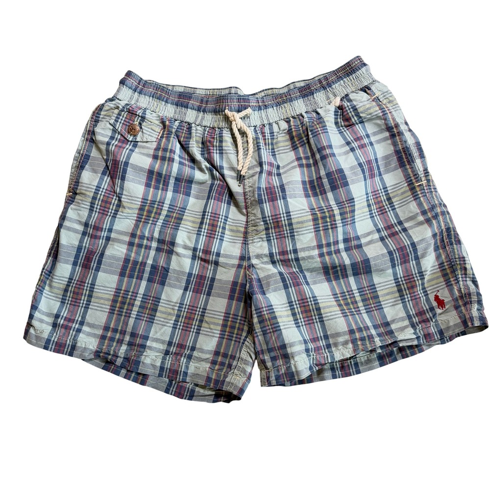 Polo‎ Ralph Lauren Swim Trunks Men XL Blue Plaid Excellent Mesh Lined Drawstring